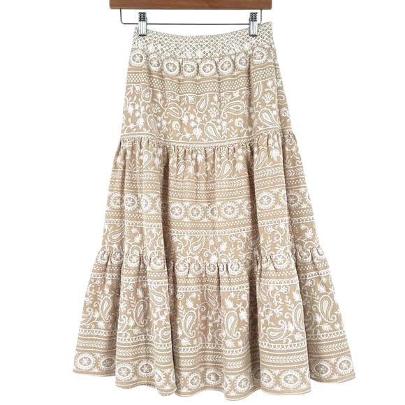 Alice + Olivia Womens Reise Embroidered Tiered Midi Skirt 2 Boho Cottage Cream - Picture 1 of 7